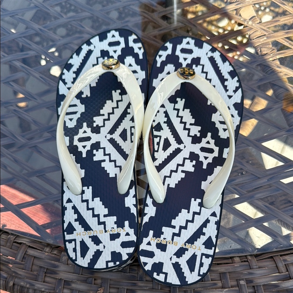 COPY - Tory Burch Cream and Blue Sandals with Elegant Design